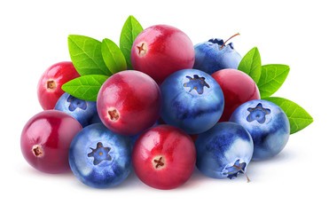 Leinwandbilder - Isolated berries. Pile of fresh cranberry and blueberry fruits isolated on white background with clipping path