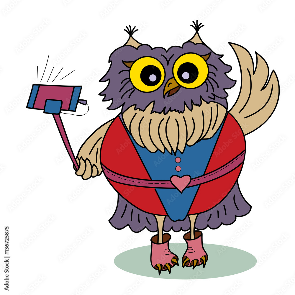 Cute cartoon owl. Owl Taking selfi photo. Doodles art. Printing on T-shirts, banners, posters, cover. Coloring page book for adults and children.