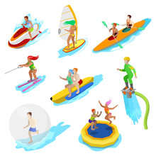 Isometric People On Water Activity. Woman Surfer, Kayaking, Man On Flyboard And Water Skiing. Vector 3d Flat Illustration