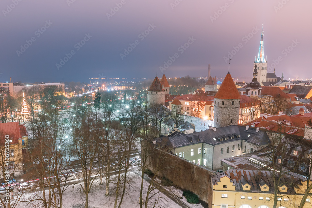 aerial view of the old and modern city, Tallinn - obrazy, fototapety, plakaty 