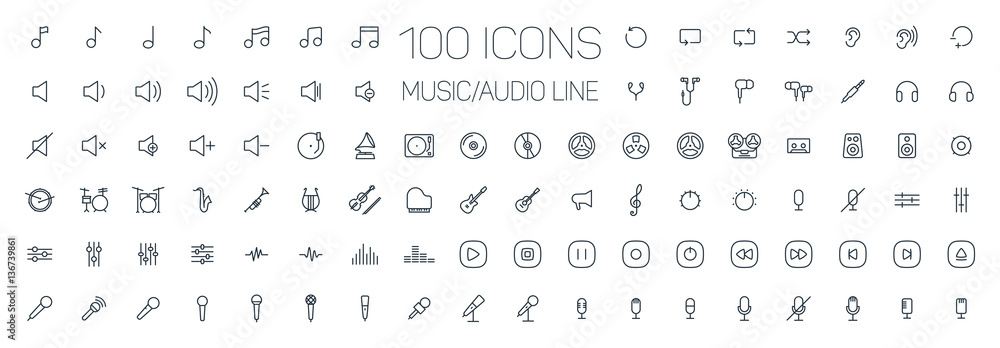 music, audio universal thin line 100 icons set on white background, sound, minimalistic, flat - obrazy, fototapety, plakaty 
