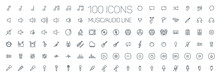 Music, Audio Universal Thin Line 100 Icons Set On White Background, Sound, Minimalistic, Flat