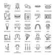 Dentist, orthodontics line icons. Dental care equipment, braces, tooth prosthesis, veneers, floss, caries treatment and other medical elements. Health care thin linear signs for dentistry clinic.