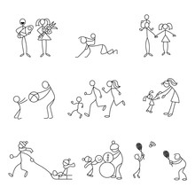 Cartoon Icons Set Of Sketch Little People In Cute Miniature Scenes.