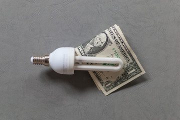 Energy saver tube light bulb with screw in base with two 1 dollar bills attached on grey background, energy saving concept