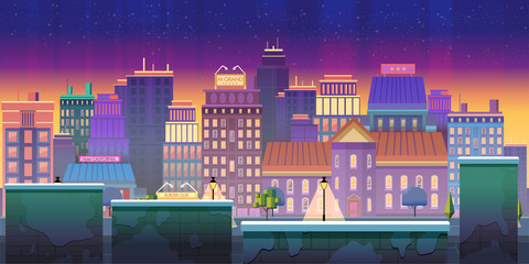 city game background 2d game application. Vector design. Tileable horizontally.