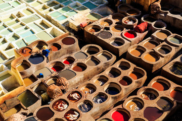 Leather dying in a traditional tannery in Fes, Morocco