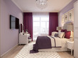 Bedroom interior design in shades of lilac. 3d rendering