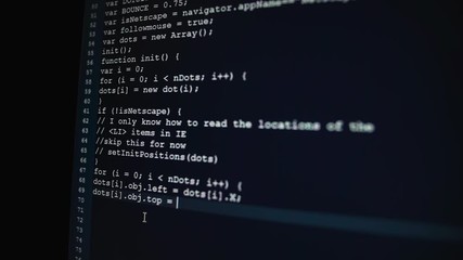 Side view of the process of programming of Internet website and stream visualisation. Machine codes on computer monitor. Abstract computer script and database on the screen.