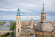 Aerial view of Zaragoza cityscape, Top view of the domes and roof of Lady of the Pillar Cathedral.