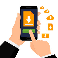 Wall Mural - file download with phone. hand holds smartphone with button download. vector illustration.