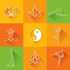 Yoga flat icons with long shadow.
Yoga line art icons set with long shadow. Modern symbols for info graphics or web use. Vector available.