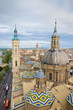 Aerial view of Zaragoza cityscape, Top view of the domes and roof of Lady of the Pillar Cathedral.