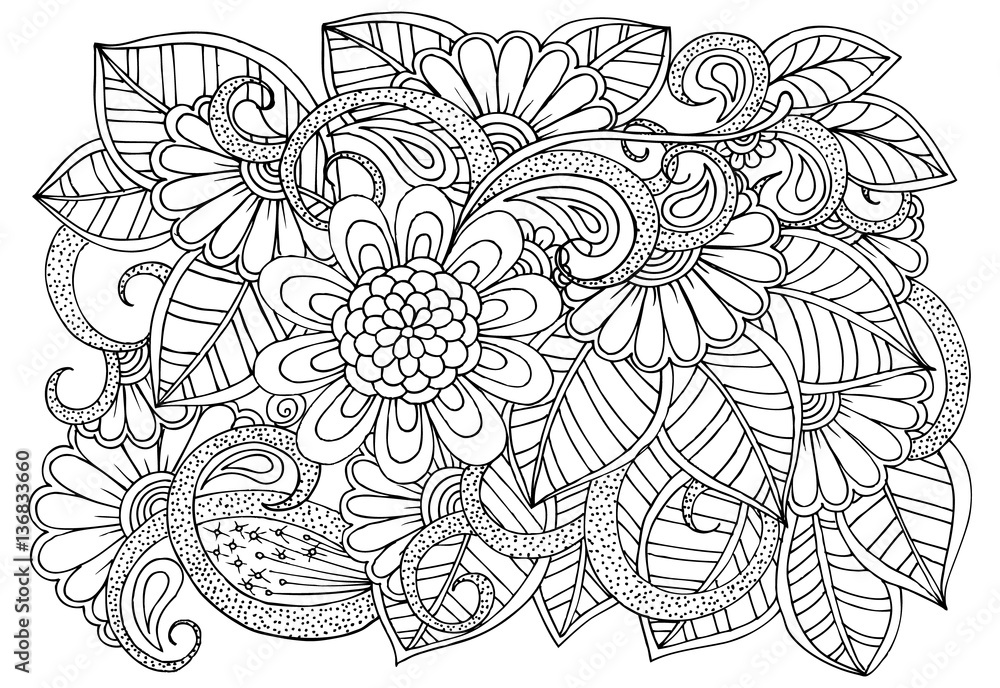 Doodle floral pattern in black and white. Page for coloring book Stock ...
