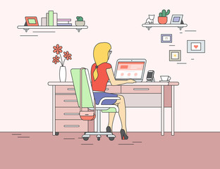 Wall Mural - woman is working with laptop sitting at home desk. flat line contour illustration of student studyin