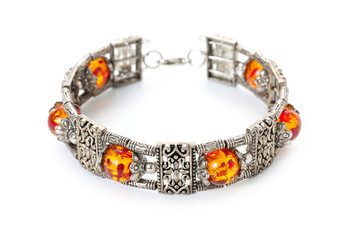 Rich decorated vintage style silver bracelet with amber. Bijoute