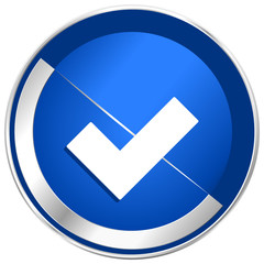 Fototapete - Accept blue vector web icon. Metal shine silver chrome border round button isolated on white background. Circle modern design abstract sign for smartphone applications.