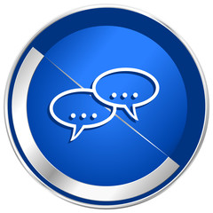 Poster - Forum blue vector web icon. Metal shine silver chrome border round button isolated on white background. Circle modern design abstract sign for smartphone applications.
