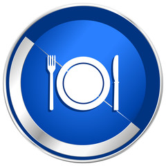 Aufkleber - Restaurant blue vector web icon. Metal shine silver chrome border round button isolated on white background. Circle modern design abstract sign for smartphone applications.