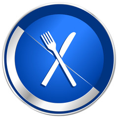 Aufkleber - Restaurant blue vector web icon. Metal shine silver chrome border round button isolated on white background. Circle modern design abstract sign for smartphone applications.