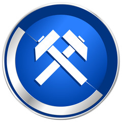 Leinwandbilder - Mining blue vector web icon. Metal shine silver chrome border round button isolated on white background. Circle modern design abstract sign for smartphone applications.