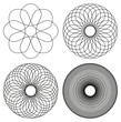 Collection of 4 black line spirograph abstract elements - 4 different geometric ornaments flower like, symmetry, isolated on white