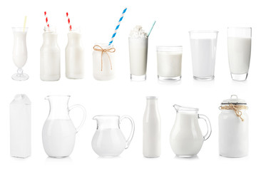 Sticker - Fresh milk in different dishware on white background