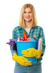 Wall Mural - Pretty adult woman with cleaning supplies on white background