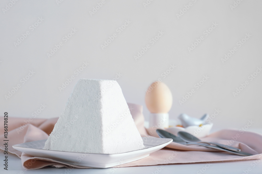 Traditional curd Easter cake on light table