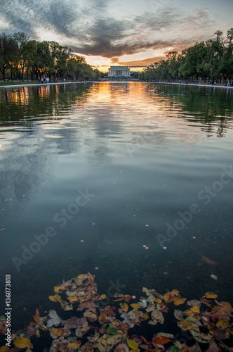 Lincoln Memorial Reflection On The National Mall Lake At Sunset