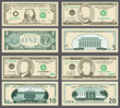 Dollar banknotes, us currency money bills vector set.