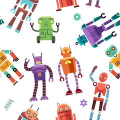 Sticker - Kids toy robot, humanoid, spaceman, cyborg vector seamless pattern