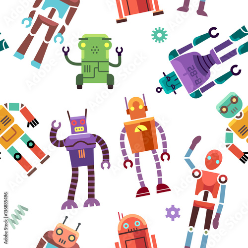 Naklejka na szybę Kids toy robot, humanoid, spaceman, cyborg vector seamless pattern