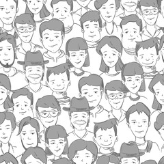 Sticker - People crowd with many faces, human heads vector seamless background