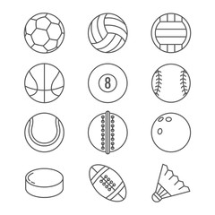 Poster - Sports balls vector thin line icons. Basketball, soccer, tennis, football, baseball, bowling, golf, volleyball