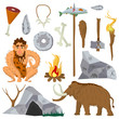 Stone age or Neanderthal vector icons and characters set