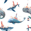 Watercolor creative whales seamless pattern. Hand painted fantasy texture with blue sea whale, cachalot, lighthouse, anchor, plants, wheel, old boat, stones on white background.