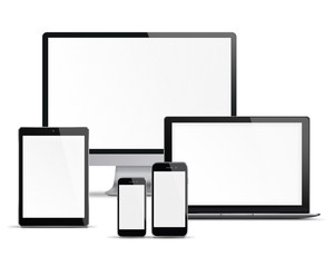 Sticker - Computer monitor, mobile phone, smartphone, laptop and tablet pc with blank screen isolated on white background. 3D illustration.