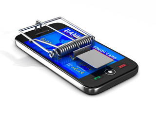Wall Mural - phone in mousetrap. Isolated 3D image