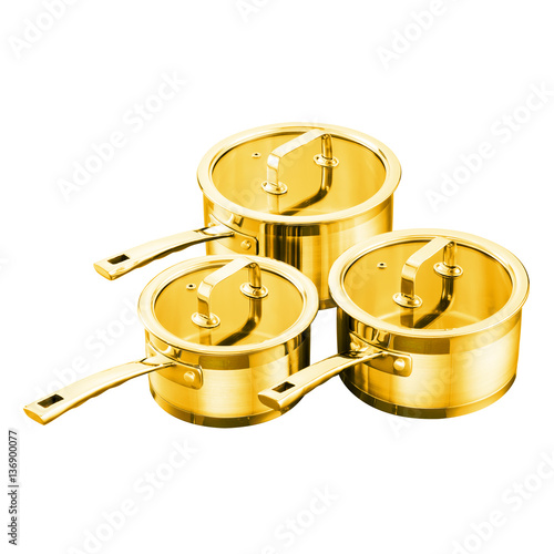 Three Gold Cooking Pots With Glass Lid Isolated on White Background
