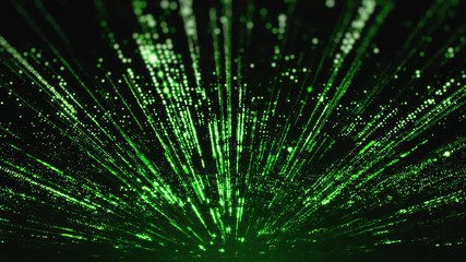 computer animation of green light particles radiating from the center towards the edges on black bac
