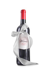 St. Valentines Day concept. Wine bottle with white satin ribbon isolated on white