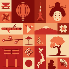 Japan, vector flat illustration, icon set, landmark background. Bonsai, flower, stone, fun, woman face, lantern, food, flag, sakura, weapon, gate, sushi, bamboo tree, origami
