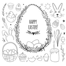 Easter Vector Doodles Set With Eggs, Chicken, Rabbits And Flowers Isolated On White. 