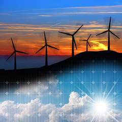 Wall Mural - Wind and Solar Energy Concept - Wind turbines and a solar panel