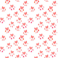 Seamless Heart Paws Traces Pattern, Watercolor With Clipping Mask