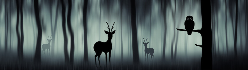 Wall Mural - forest panorama with animal silhouettes. deer and owl in panoramic format woods landscape, forest wi