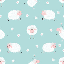 Seamless Pattern With Cute Sheep On Blue. Vector Background For Kids.