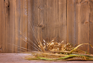 Cereal: spikelets rye, oats, wheat on wooden background. Wooden background in rustic style with wheat spikelets