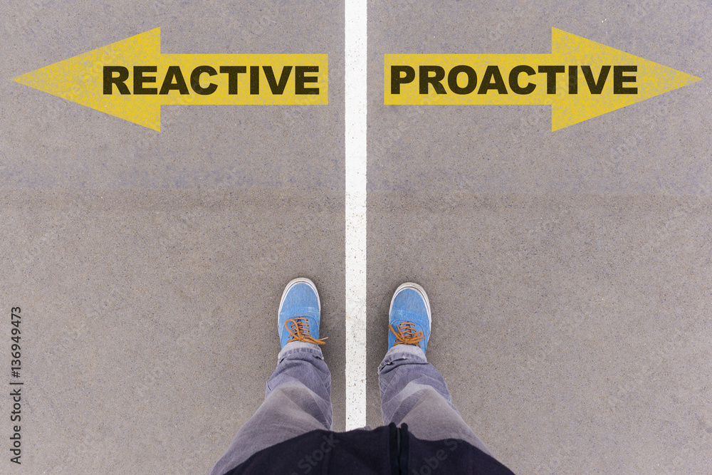 Reactive vs proactive text arrows on asphalt ground, feet and sh - obrazy, fototapety, plakaty 